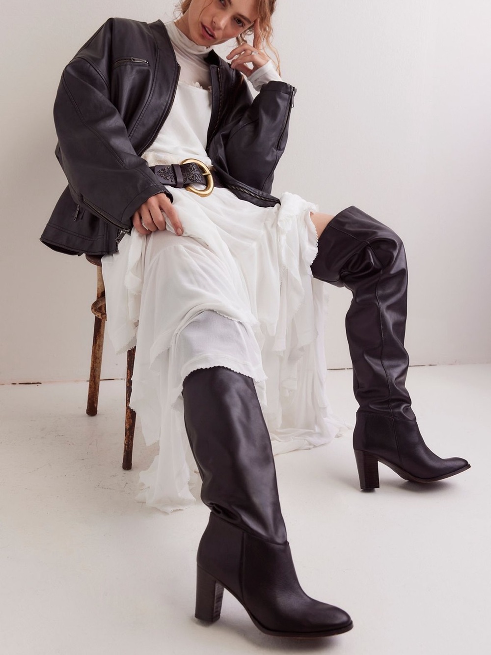 Free People Black Over-the-Knee Block Heel Boots NEVER WORN